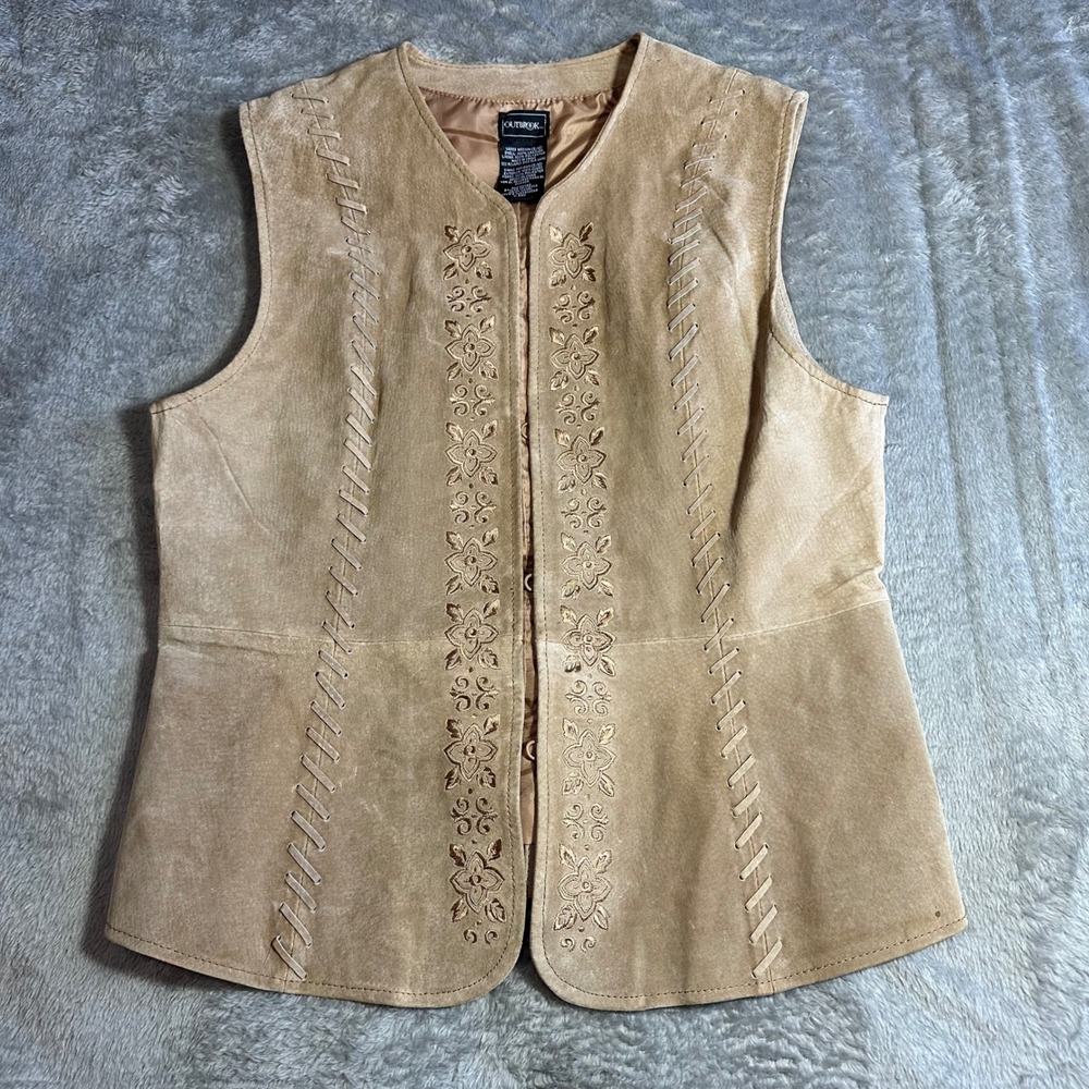 Outbrook Leather Vest Camel Tan Floral Embroidered Western Boho Medium 8/10